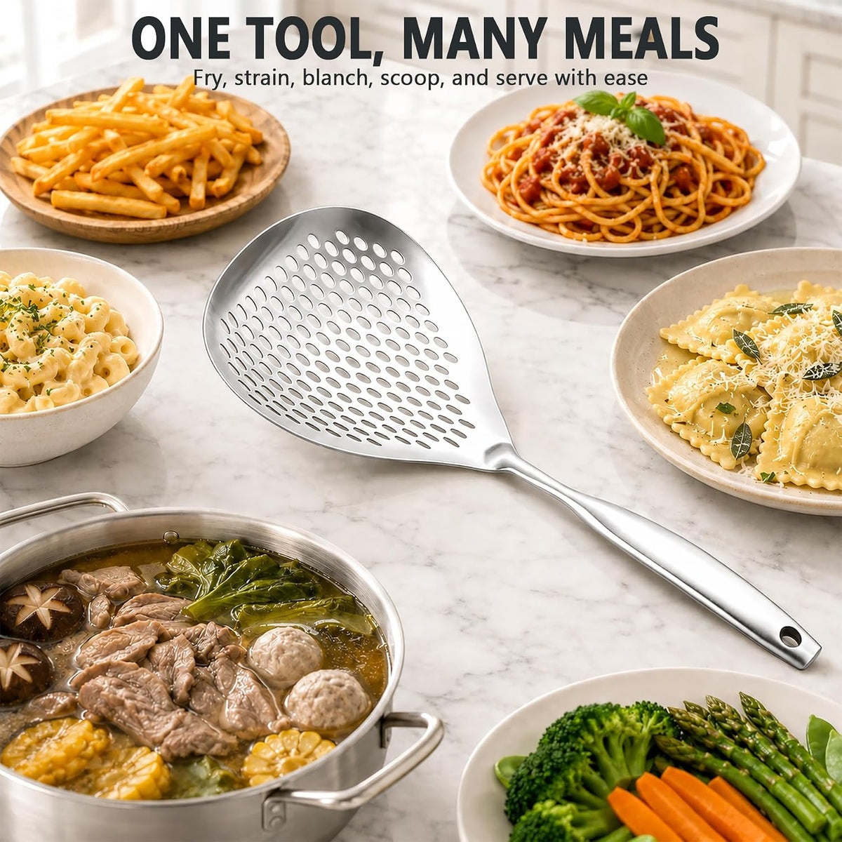 KAYCROWN Skimmer Slotted Spoon, 304 Stainless Steel Skimmer Ladle Spoon Spider Strainer for Cooking and Frying, Pasta Strainer Spoon Frying Kitchen Cooking Colander