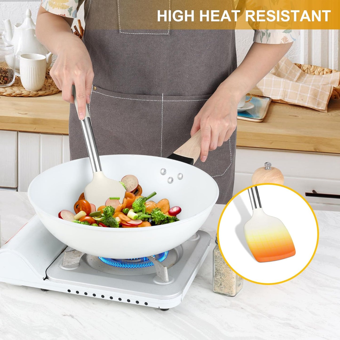 LIANYU 15 Pcs Kitchen Cooking Utensils Set with Holder, Silicone Kitchen Tools with Stainless Steel Handle, Heat Resistant Gadgets, Brush Spatula Spoon Whisk for Cookware, Dishwasher Safe, Khaki