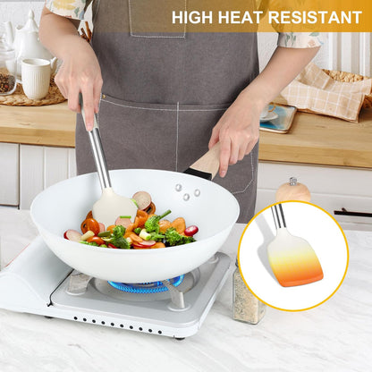 LIANYU 15 Pcs Kitchen Cooking Utensils Set with Holder, Silicone Kitchen Tools with Stainless Steel Handle, Heat Resistant Gadgets, Brush Spatula Spoon Whisk for Cookware, Dishwasher Safe, Khaki