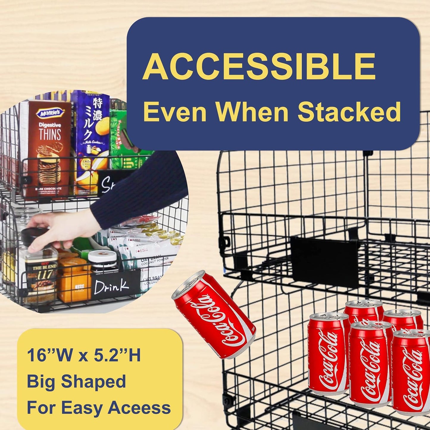 4 PACK XXL Stackable Wire Baskets for Storage Pantry,Fruit Basket For Kitchen Cabinet,16.3''x12''x8.2''Vegetable Fruit Snack Chips Onion Potato Cans Organization, pantry organizers and storage