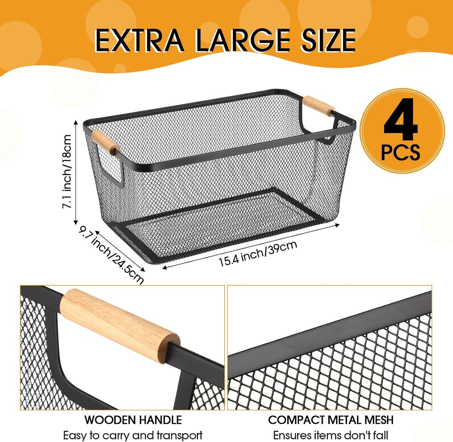 Ziliny 4 Pcs Metal Mesh Wire Baskets with Wooden Handles for Organizing, Pantry Organizers and Storage Steel Bin Kitchen Baskets for Fruit Potato Onion Snacks Bathroom Cabinet(Medium,Cream White)