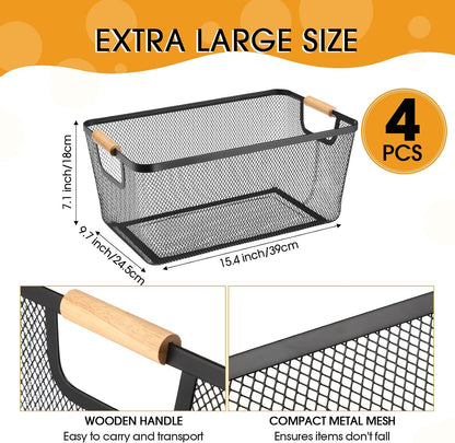 Ziliny 4 Pcs Metal Mesh Wire Baskets with Wooden Handles for Organizing, Pantry Organizers and Storage Steel Bin Kitchen Baskets for Fruit Potato Onion Snacks Bathroom Cabinet(Medium,Cream White)