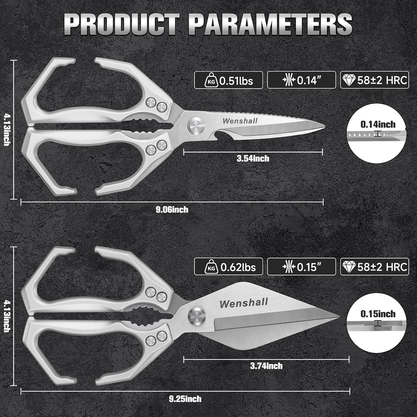 Wenshall 2-Pack Heavy Duty All-Purpose Kitchen Scissors, Japanese Stainless Steel, Kitchen Shears for Cutting Chicken, Poultry, Game, Meat - Chopping Vegetable, Dishwasher Safe,Christmas Gifts（Silver）