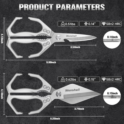 Wenshall 2-Pack Heavy Duty All-Purpose Kitchen Scissors, Japanese Stainless Steel, Kitchen Shears for Cutting Chicken, Poultry, Game, Meat - Chopping Vegetable, Dishwasher Safe,Christmas Gifts（Silver）