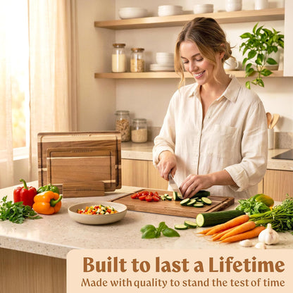 Acacia Wood Cutting Board for Kitchen, Non-Toxic Cutting Board Set of 3, Chopping Boards with Deep Juice Groove for Meat, Cheese & Vegetables - Durable & Double sided with serving Compartments