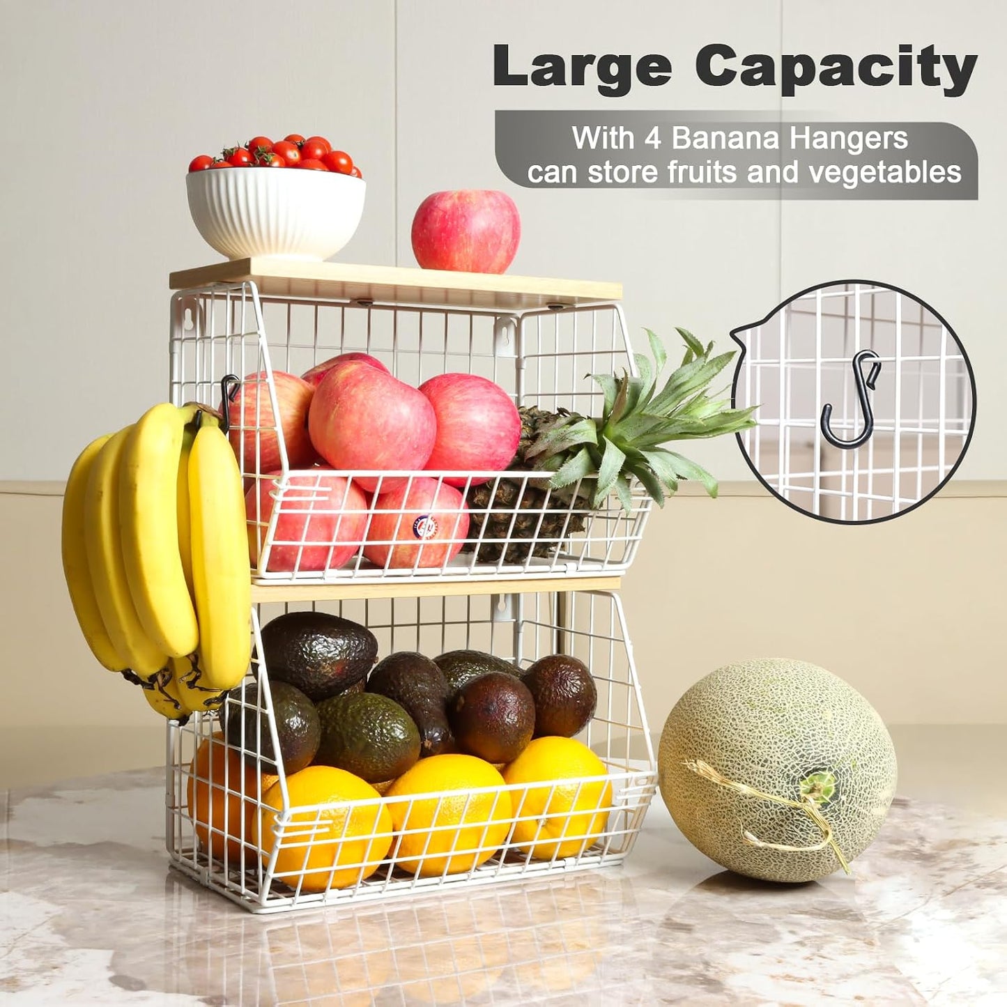 Mefirt Fruit Basket, 2-Tier Fruit Bowl for Kitchen Counter, Stackable Wall Mounted Fruit Storage, Snack Organizer, Potato and Onion Storage Basket, Hanging Pantry Storage with Wood Lid, 2 Set, White