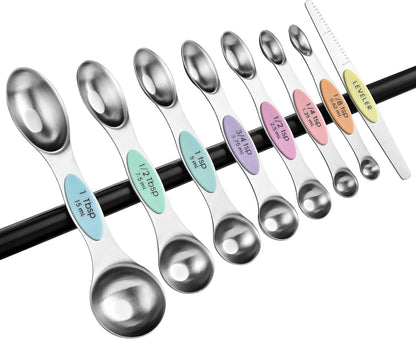Spring Chef Stainless Steel Magnetic Measuring Spoons Set with Strong N45 Magnets, Heavy Duty Metal Kitchen Gadgets for Baking & Cooking, Fits in Most Kitchen Spice Jars, Set of 8 with Leveler, Black