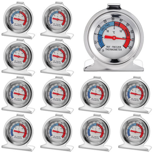 12 Pack Refrigerator Thermometer Large Dial Fridge Thermometer with Dual-Scale -30~30°C/-20~80°F for Freezer Cooler, Stainless Steel