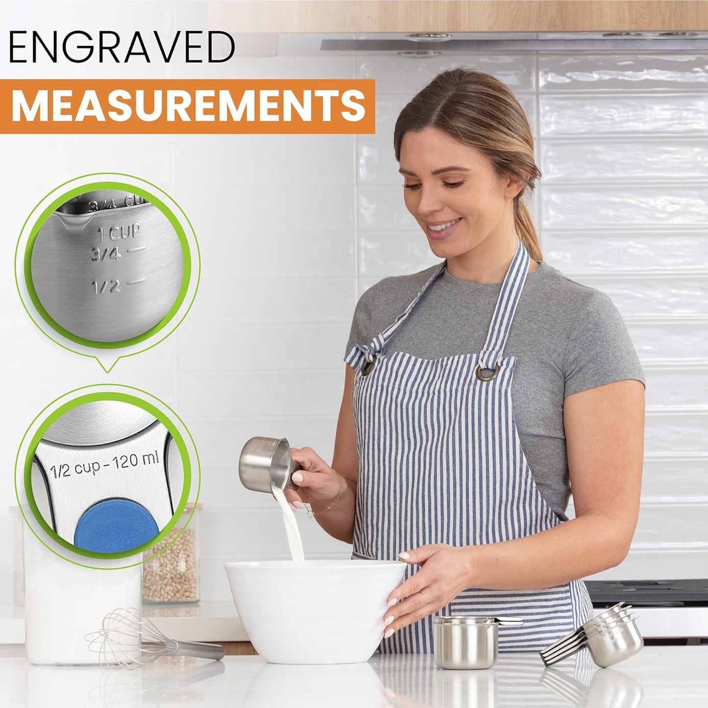 Spring Chef Stainless Steel Measuring Cups Set of 7 with Pour Spout - Nesting Kitchen Tools with Easy Read Markings to Measure Dry or Liquid Ingredients - Metal Measuring Cups for Baking & Cooking