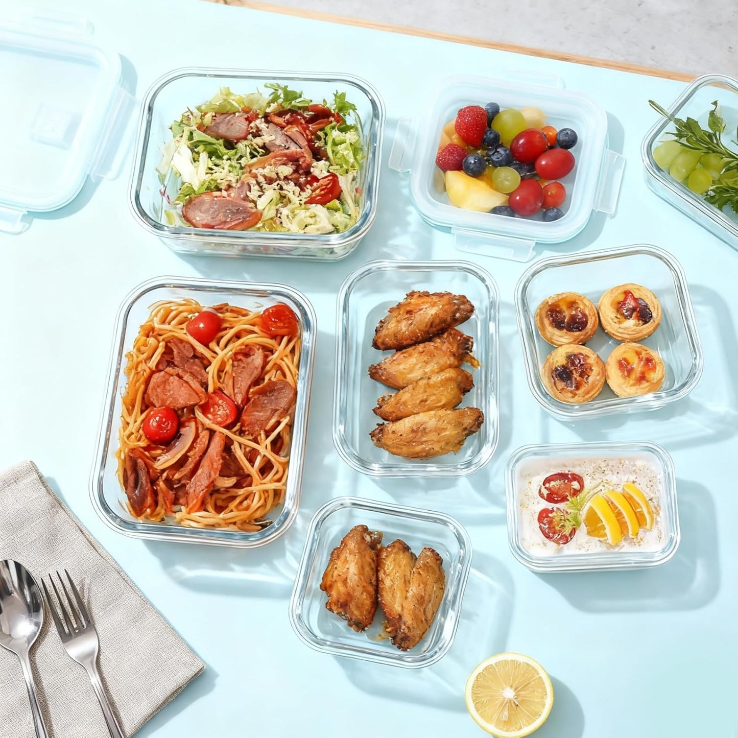 UNITED FLAMES 8-Piece Glass Food Storage Containers with Airtight Lids - High Borosilicate Glass Meal Prep Set - Oven, Microwave, & Freezer Safe - Leak-Proof Lunch Boxes for Kitchen, Office & Pantry