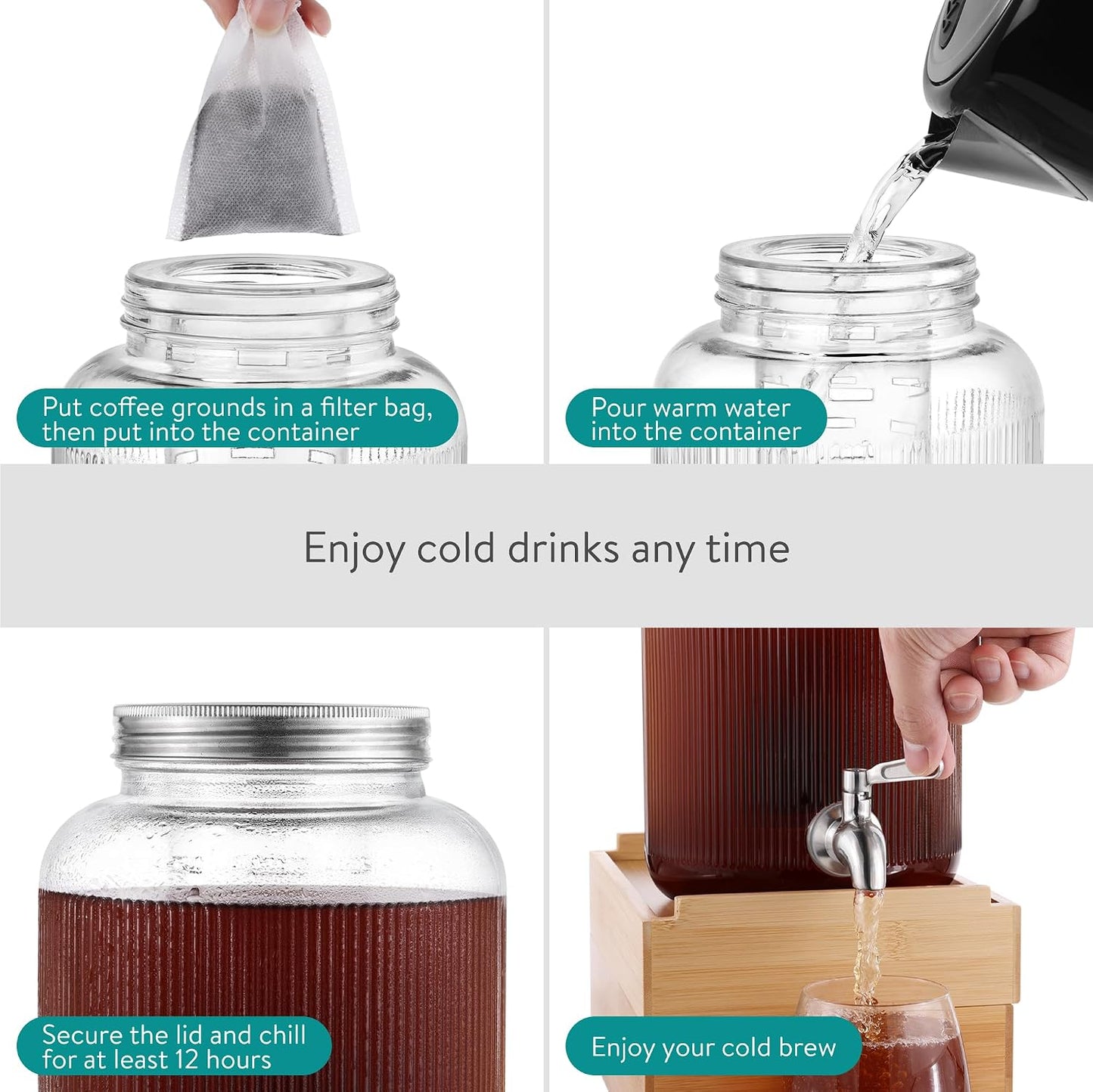 Navaris Glass Drink Dispenser with Tap - 0.7gal (2.7L) Ripple Design Beverage Dispenser - Party Beverage Container for Cocktails, Juice, Water - Ideal for Parties & Events