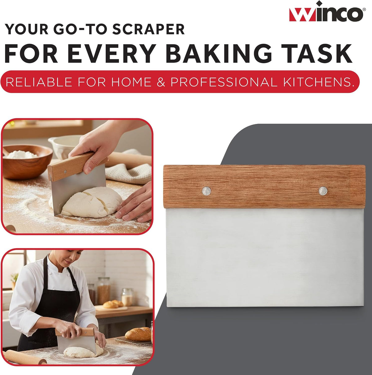 Winco Stainless Steel Dough Scraper with Wood Handle