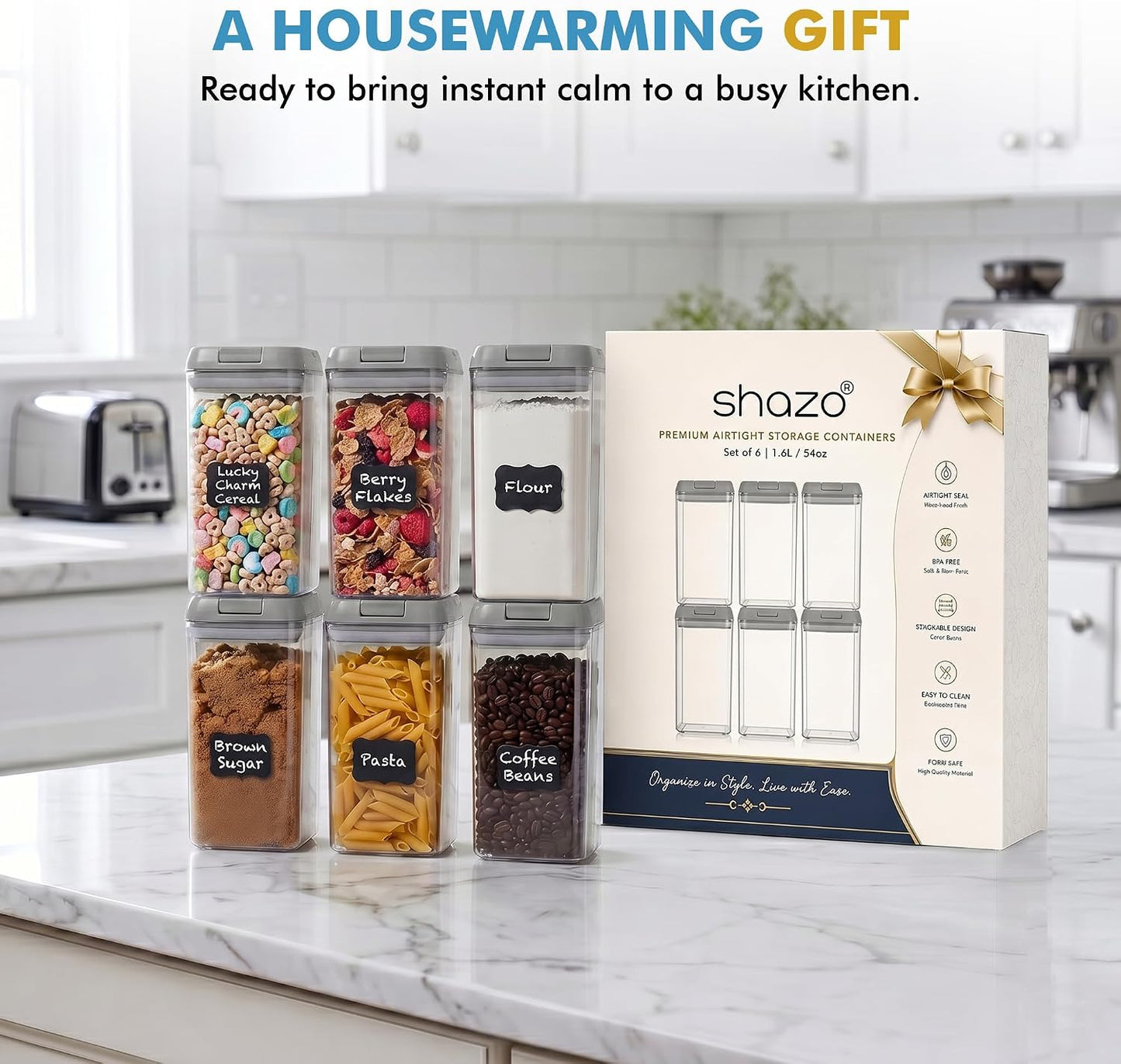 Shazo Airtight Food Storage Containers with Lids - 6 PC BPA Free Clear Plastic Cereal Containers with Easy Lock Lids for Kitchen and Pantry Organization for Snacks and Pasta - 1.2L