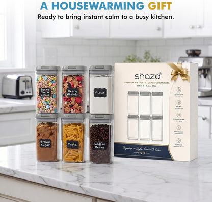 Shazo Airtight Food Storage Containers with Lids - 6 PC BPA Free Clear Plastic Cereal Containers with Easy Lock Lids for Kitchen and Pantry Organization for Snacks and Pasta - 1.2L