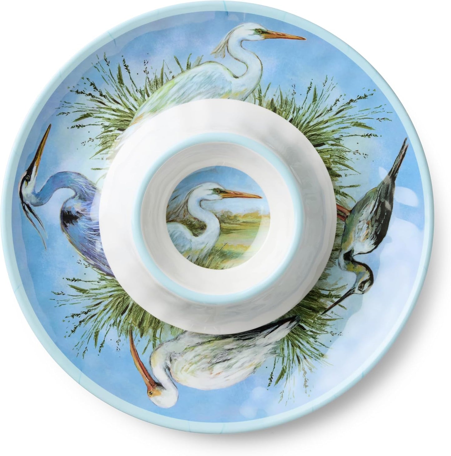 Coastal Birds Melamine 3-Pc. HOSTESS SERVING SET – Chip & Dip, 3-Section Relish Tray, Rectangular Platter – Shatterproof BPA-Free Outdoor Serving for Beach House Entertaining, Appetizers & Seafood