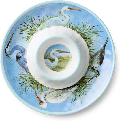 Coastal Birds Melamine 3-Pc. HOSTESS SERVING SET – Chip & Dip, 3-Section Relish Tray, Rectangular Platter – Shatterproof BPA-Free Outdoor Serving for Beach House Entertaining, Appetizers & Seafood