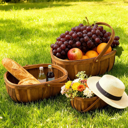 3 Pack Wooden Bread Baskets, Handmade Woven Wood Chip Picnic Basket with Handles, Storage Organizer for Vegetable Fruit Wedding - 3 Size