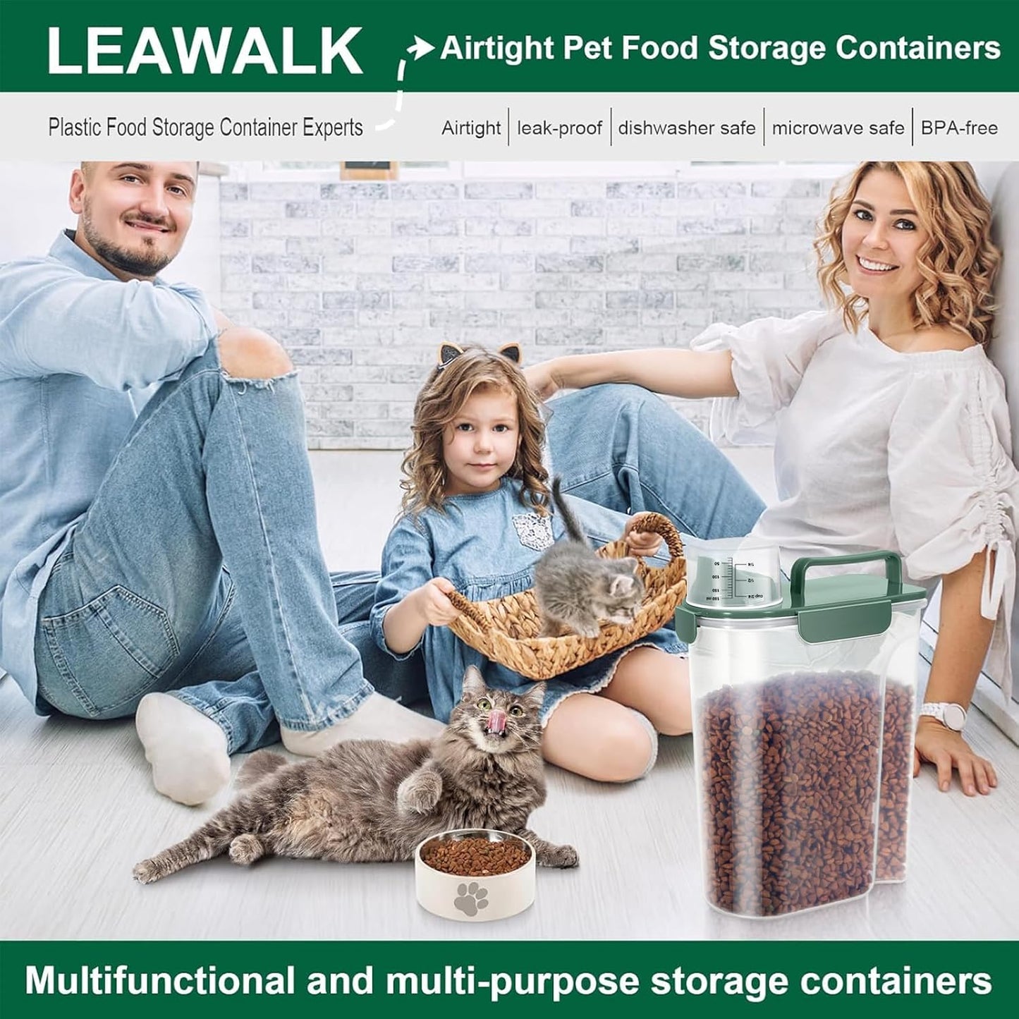 LEAWALK 5-7Lbs Cat Dog Storage Container, Portable Pet Food Containers with Upgraded Large Spout and Cup, Small Animal Kibble Dispenser for Bird Seed, Oatmeal, Rice, Flour, Brown Sugart-Dark Green