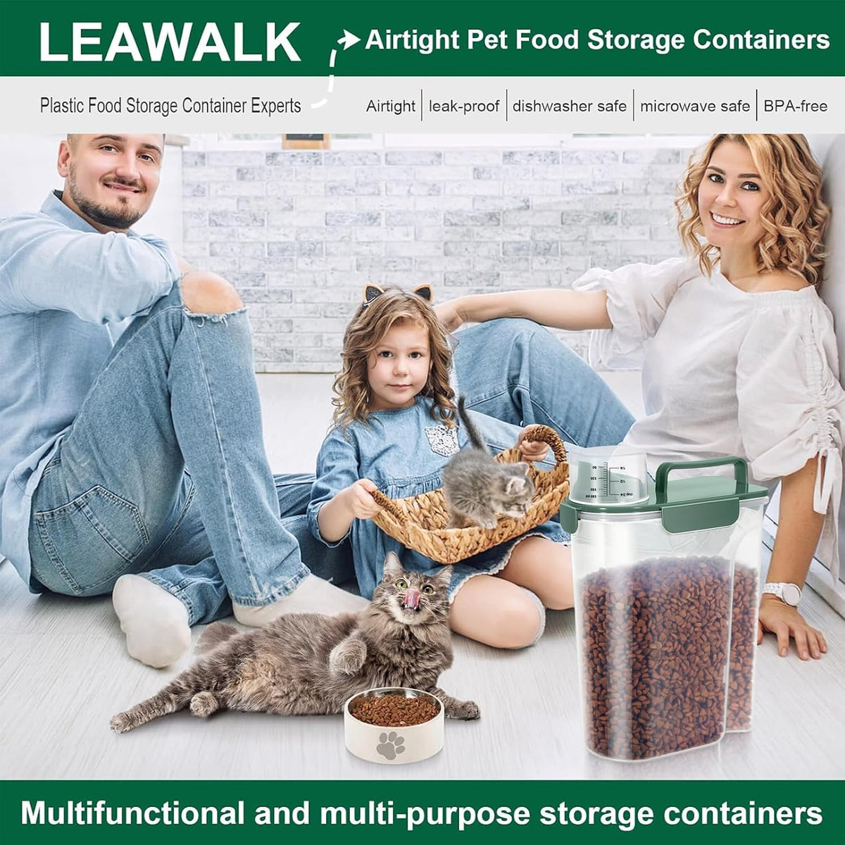 LEAWALK 5Lbs Airtight Cat Dog Food Storage Container with Upgraded Large Nozzle BPA-Free, Pet Food Storage Containers for Rice, Grain, Pet Food, Flour, Dog Treat Storage (Dark Gray, 5L-1pack)