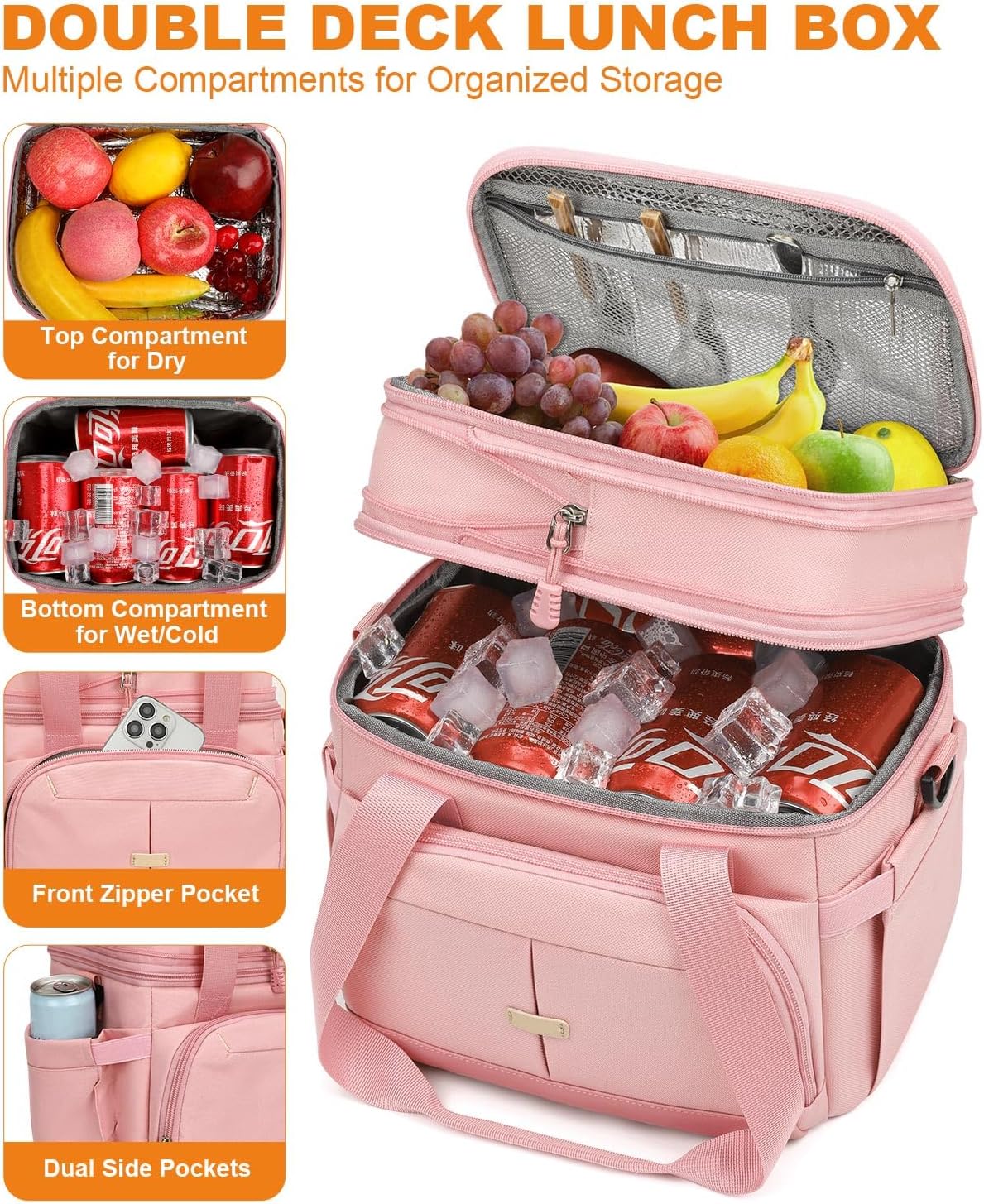 Pritent Lunch Box For Men Women Double Deck Insulated Lunch Bag For Men Woman Leakproof Expandable Cooler Bag with Adjustable Shoulder Strap for Kids Shool Work Picnic Camping(Beige,Large)