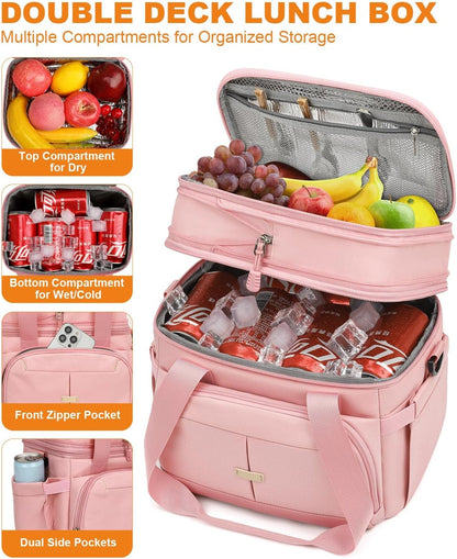 Pritent Lunch Box For Men Women Double Deck Insulated Lunch Bag For Men Woman Leakproof Expandable Cooler Bag with Adjustable Shoulder Strap for Kids Shool Work Picnic Camping(Beige,Large)