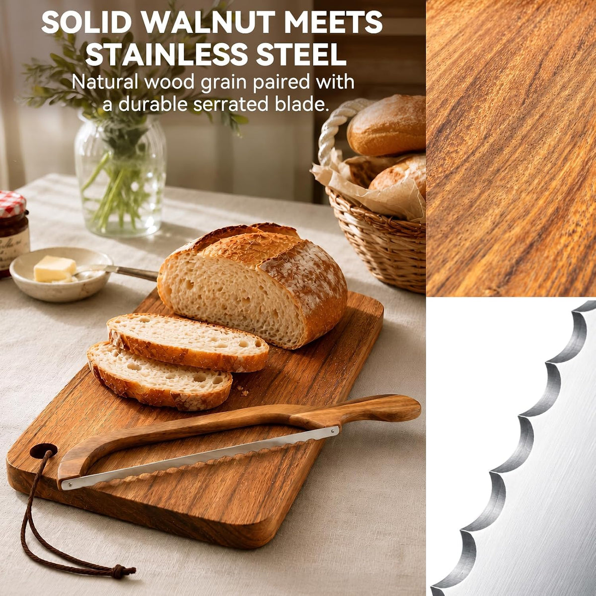 Premium Walnut Bread Cutting Board and Knife Set, Curved Serrated Bread Knife for Homemade Bread, Sourdough Bread Board with Magnetic Knife Storage