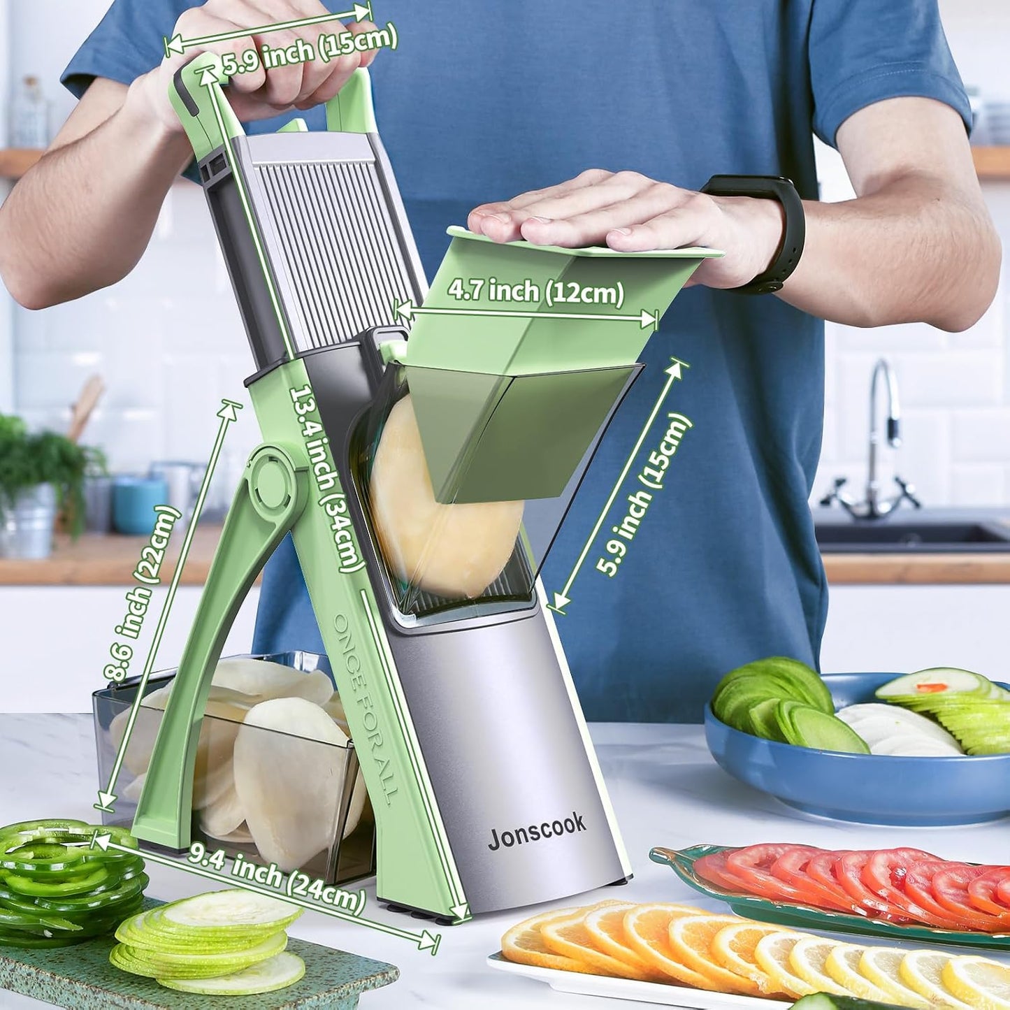 Jonscook All-in-1 Update Safe Mandoline Slicer for Kitchen, Food Chopper with Container, Thickness Adjustable Vegetable Chopper, Potato French Fry Cutter Tomato Apple Slicer Onion (BlackKnight)