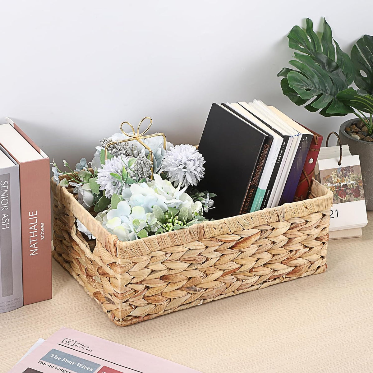 Hipiwe Wicker Basket Water Hyacinth Baskets Rectangular Decorative Baskets Bin for Shelf Organizing, Handwoven Storage Basket Bins with Built-in Handles,15.9"x12"x5.9"