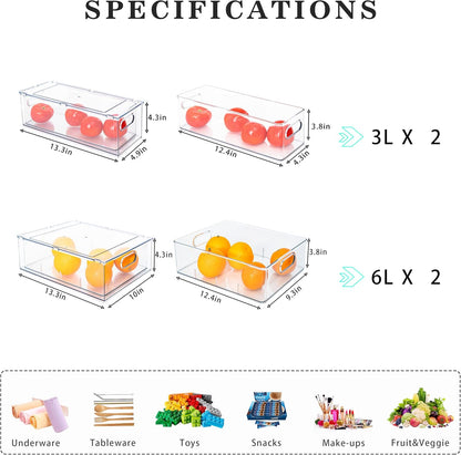 Mano Stackable Fridge Drawers Pull Out Bins with Handle Clear Refrigerator Drawers Organizer Food Storage Container Box with Dividers Plastic Produce Saver for Pantry, Cabinet, Kitchen, Clothes（7Pack）