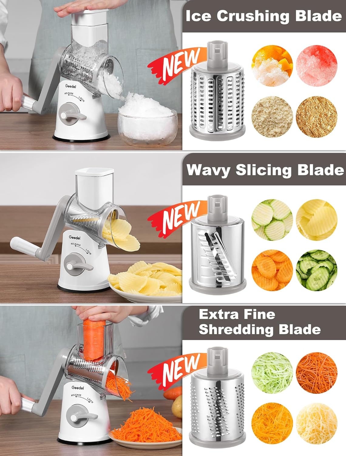 Geedel Rotary Cheese Grater, Kitchen Mandoline Vegetable Slicer with 3 Interchangeable Blades, Easy to Clean Rotary Grater Slicer for Cheese, Vegetables, Nuts