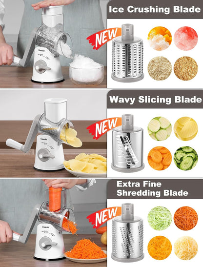 Geedel Rotary Cheese Grater, Kitchen Mandoline Vegetable Slicer with 3 Interchangeable Blades, Easy to Clean Rotary Grater Slicer for Cheese, Vegetables, Nuts