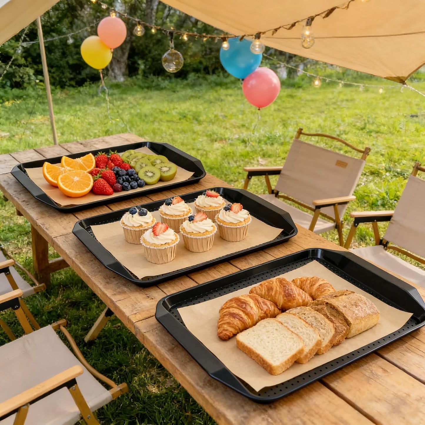TP 17x12 Inch Plastic Serving Trays Set of 4, Durable Serving Platters with Anti-Slip Dots, BPA-Free Stackable Food Tray for Party, Family Gathering, BBQ,Black