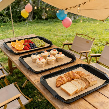 TP 17x12 Inch Plastic Serving Trays Set of 4, Durable Serving Platters with Anti-Slip Dots, BPA-Free Stackable Food Tray for Party, Family Gathering, BBQ,Black