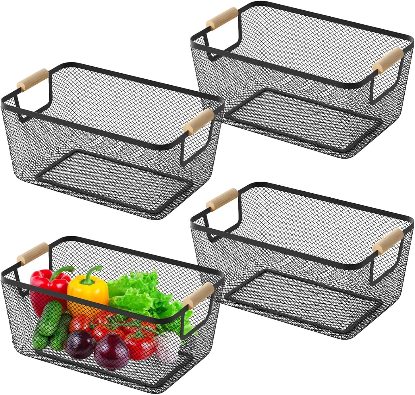 4pcs Metal Mesh Basket with Wooden Handles,Metal Mesh Wire Storage Baskets Dual Handle Wire Basket, Iron Bamboo Construction, Ideal for Kitchen Home Office Organization