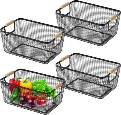 4pcs Metal Mesh Basket with Wooden Handles,Metal Mesh Wire Storage Baskets Dual Handle Wire Basket, Iron Bamboo Construction, Ideal for Kitchen Home Office Organization