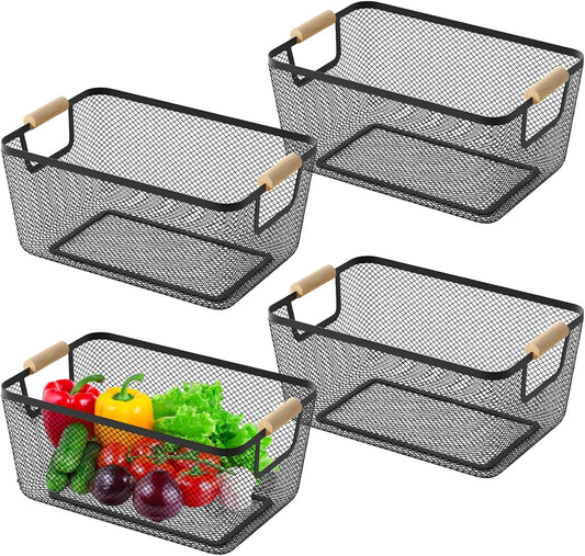 4pcs Metal Mesh Basket with Wooden Handles,Metal Mesh Wire Storage Baskets Dual Handle Wire Basket, Iron Bamboo Construction, Ideal for Kitchen Home Office Organization
