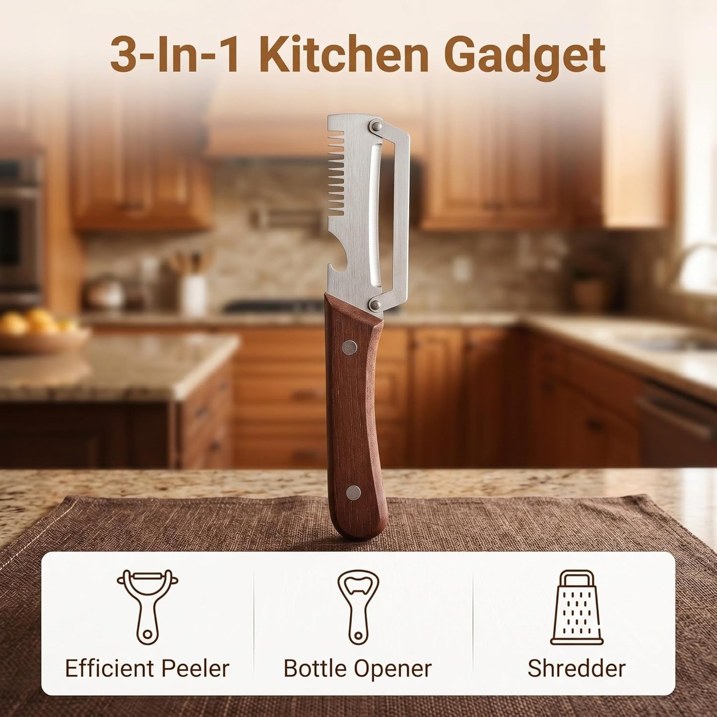 Multifunctional Vegetable Peeler, 3-In-1 Kitchen Gadget With Wooden Handle, Bottle Opener And Shredder, Suitable For Potatoes, Pumpkins, Carrots And Other Vegetables Or Fruits. (1)