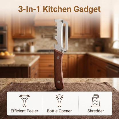 Multifunctional Vegetable Peeler, 3-In-1 Kitchen Gadget With Wooden Handle, Bottle Opener And Shredder, Suitable For Potatoes, Pumpkins, Carrots And Other Vegetables Or Fruits. (1)