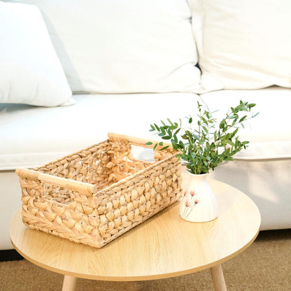 NAYA 11.6" Water Hyacinth Medium Wicker Shelf Basket – Storage Bin | Handwoven water hyacinth shelf basket with sturdy handles for pantry, towels and everyday home organization.