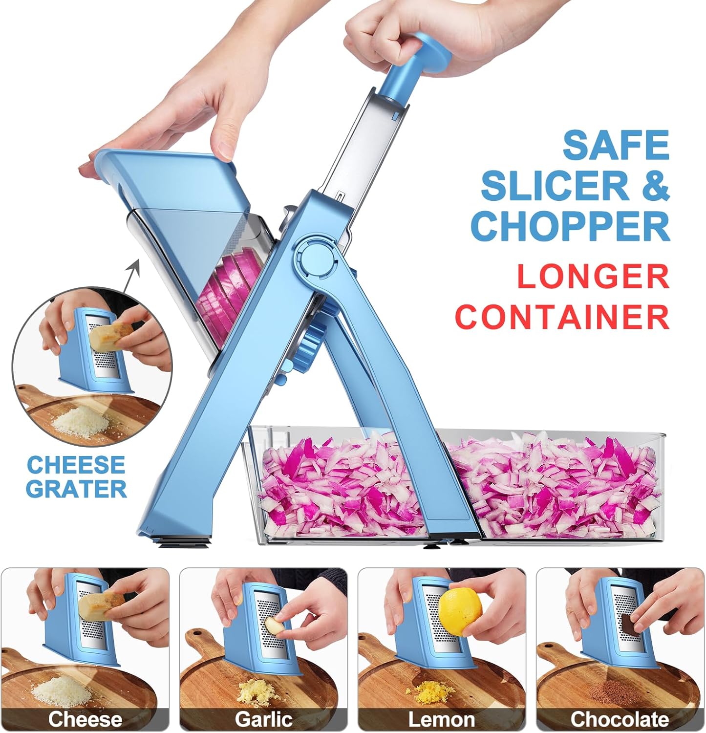 SupMaKin Upgrade Safe Mandoline Slicer Plus, Vegetable Chopper, Potato Slicer, Food Slicer Onion Chopper, Fry Cutter, Veggie Salad Dicer Kitchen Chopping Artifact Gifts (Blue)