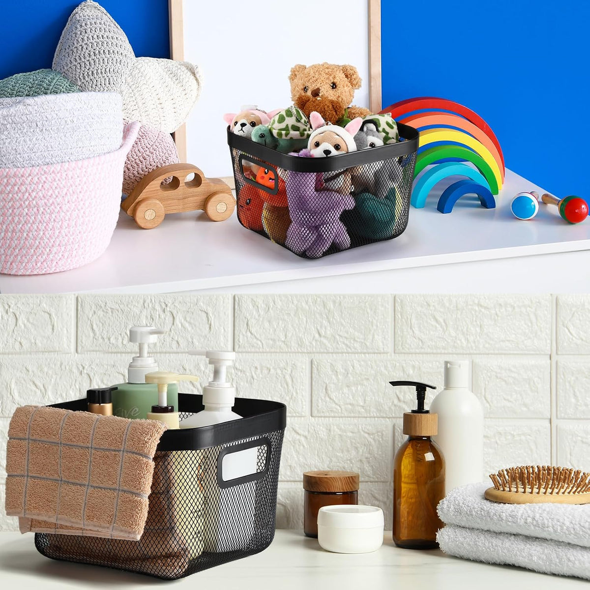 MorningRo 6 Pack Metal Mesh Basket with Hollow Handles Black Wire Storage Bin for Organizing Stackable Metal Fine Mesh Basket for Pantry Bathroom Kitchen Cabinets Shelves (Medium)