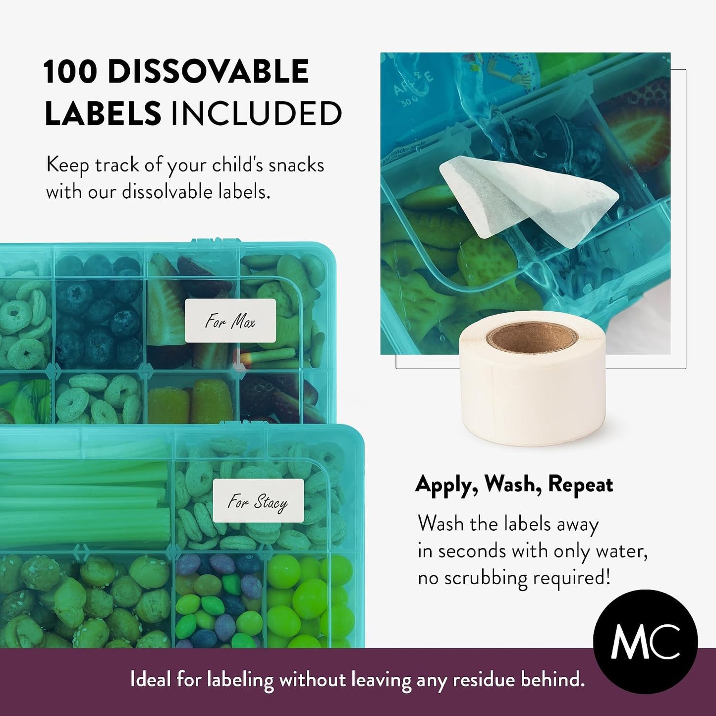 Large Kids Snack Box Containers Set of 2 -100 Labels, BPA-Free, Adjustable Compartments, Dishwasher Safe, Reusable Tray, Food Grade, Meal Prep Container, PARENT TESTED PARENT APPROVED AWARD (Clear)