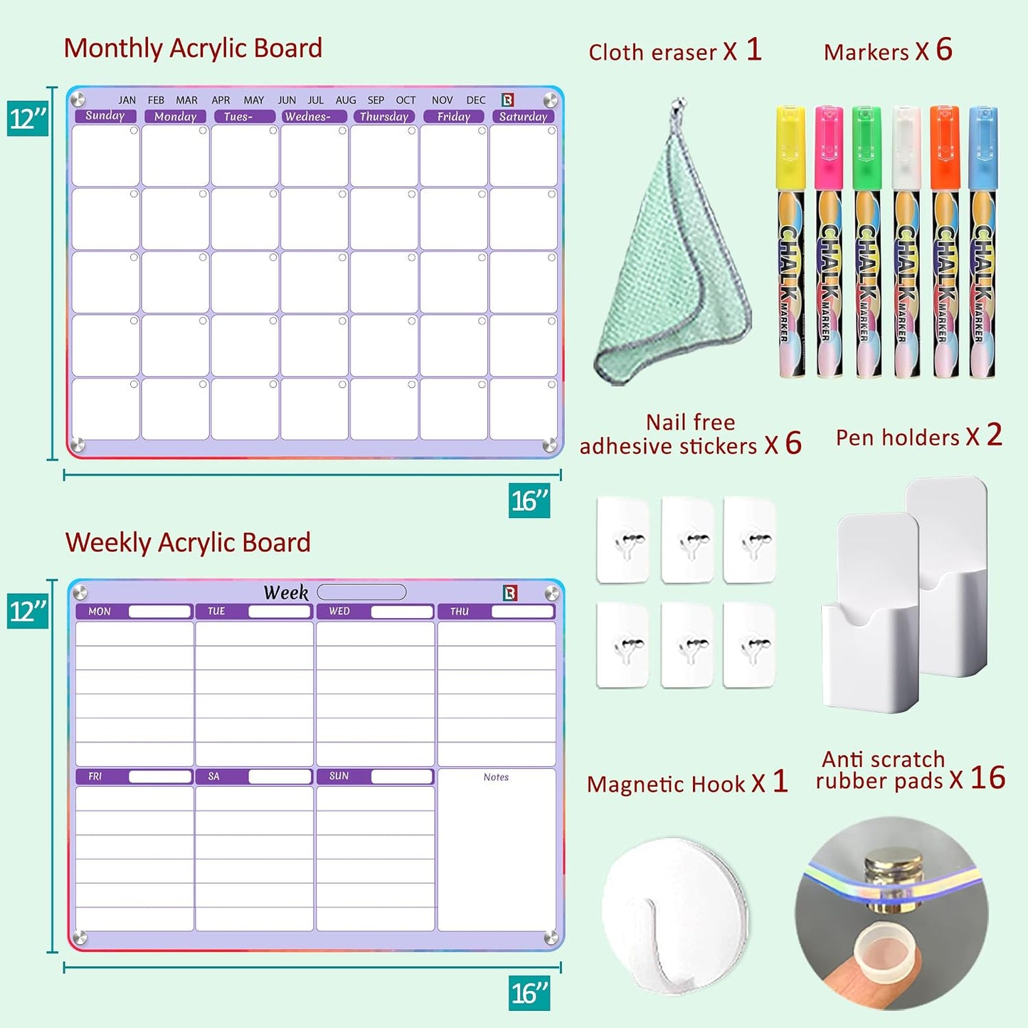 Pink Dry Erase Calendar for Fridge and Wall – Magnetic Acrylic Calendar 16x12 in, Dry Erase Board Reusable for Home or Office with 6 Liquid Chalk Markers | Pink Gifts for Women