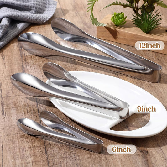2 Pack Polished Stainless Steel Serving Tongs 9 and 12 Inch Metal Food Silver Tong for Buffet Salad BBQ Grilling Heavy Duty Kitchen Utensils for Cooking Catering Wedding Party