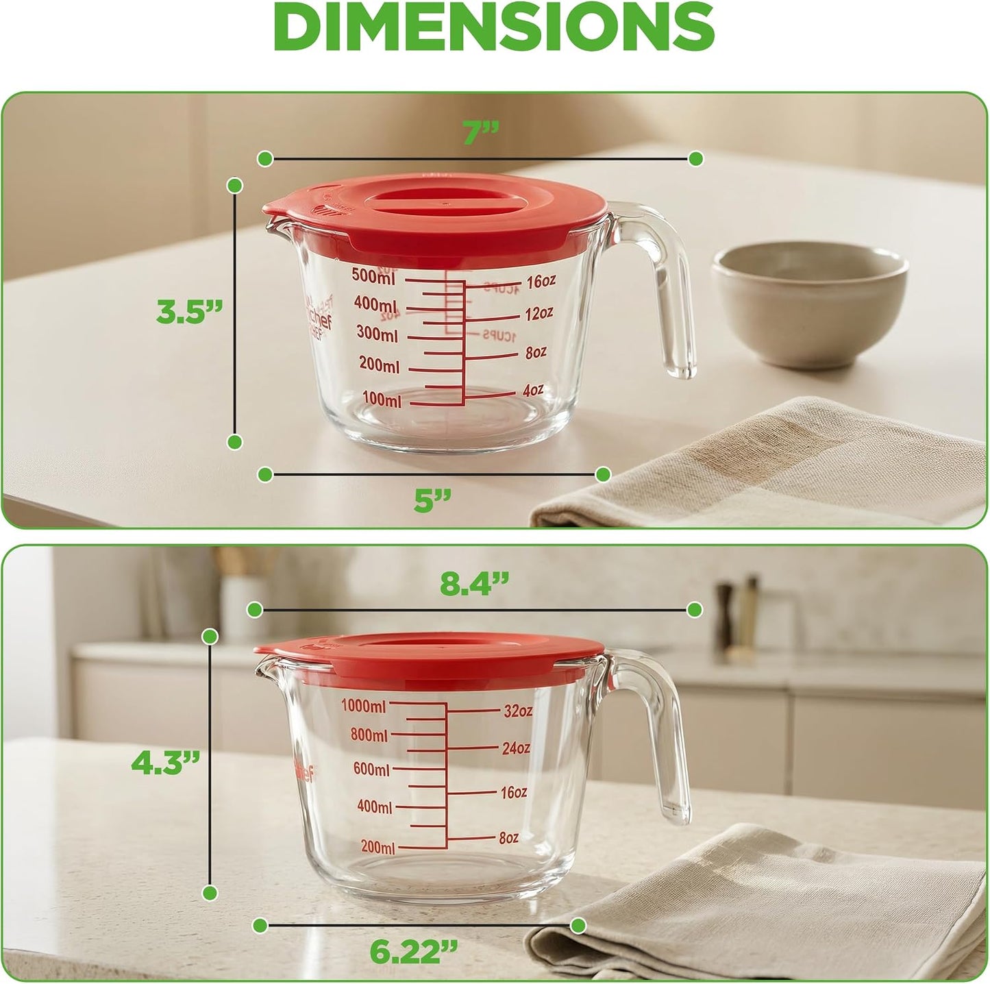 NutriChef 1,2 and 4 Cups Glass Measuring Cup Set with Lids (8, 17 and 34 oz) - Heat-Resistant Borosilicate Liquid Measure Cups with Easy-Read Scale for Cooking, Baking & Food Storage, Dishwasher Safe