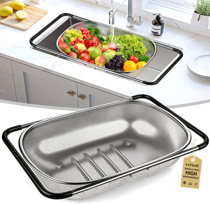 FirstE Over the Sink Colander Strainer Basket 6 Quart, Fine Mesh Stainless Steel Colander with Expandable Anti-slip Rubber Grip Handles, Kitchen Sink Vegetable Strainer for Drain Pasta, Rinse Fruits