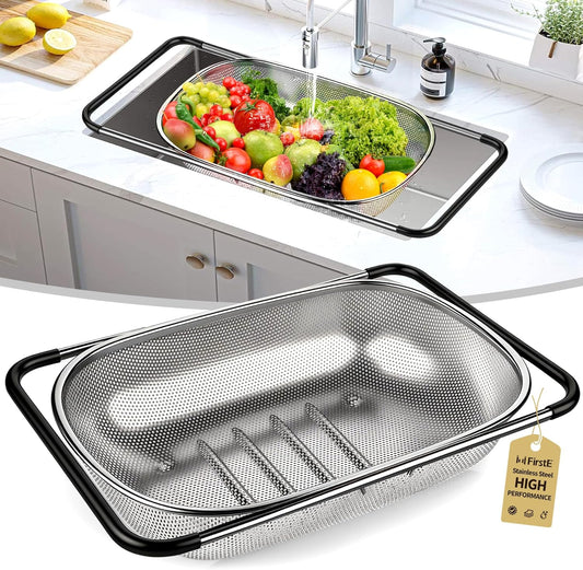 FirstE Over the Sink Colander Strainer Basket 6 Quart, Fine Mesh Stainless Steel Colander with Expandable Anti-slip Rubber Grip Handles, Kitchen Sink Vegetable Strainer for Drain Pasta, Rinse Fruits