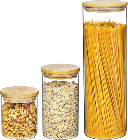 Vtopmart Glass Food Storage Jars, 7 Pack Kitchen Containers with Airtight Bamboo Wooden Lids for Pasta, Cookies, Nuts, Coffee Beans, Cereal, Canisters Set for Flour, Pantry Organization, BPA Free