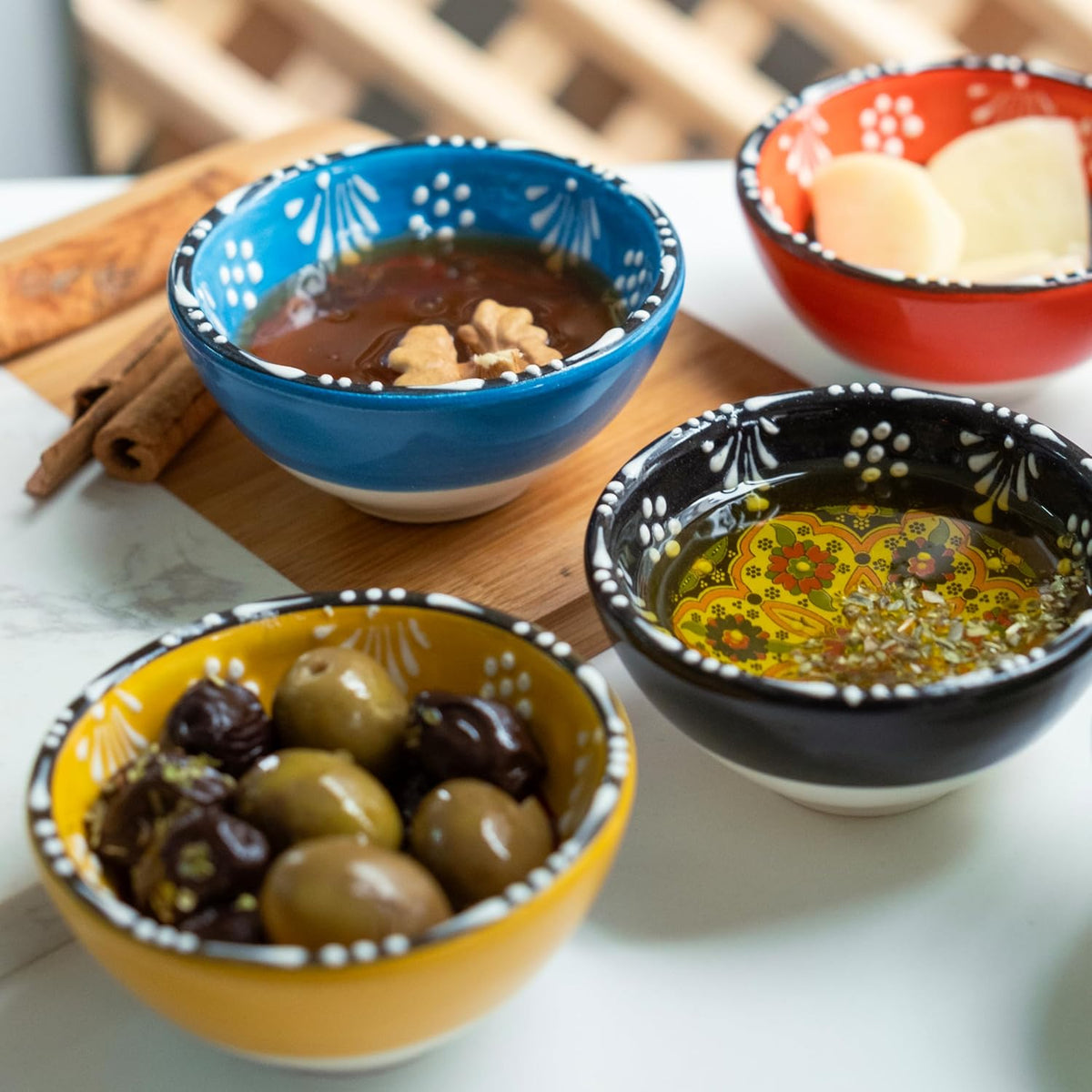 Ceramic Small Dipping Bowls Set of 6, 3.5 Oz Soy Sauce Dish, Handmade Charcuterie, Colorful Pinch, Dishwasher & Microwave Safe, 3.2'' Mini (SULTAN'S GARDEN)