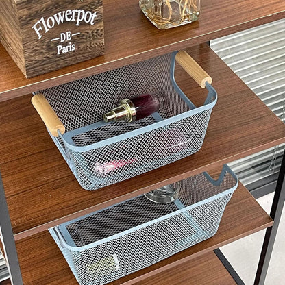 AJIODA Metal Mesh Steel Basket, Large Wire Storage Organizer Basket Multi-function Hanging Kitchen Baskets with Wood Handle for Kitchen Bathroom Picnic Home, Rectangle-Off White